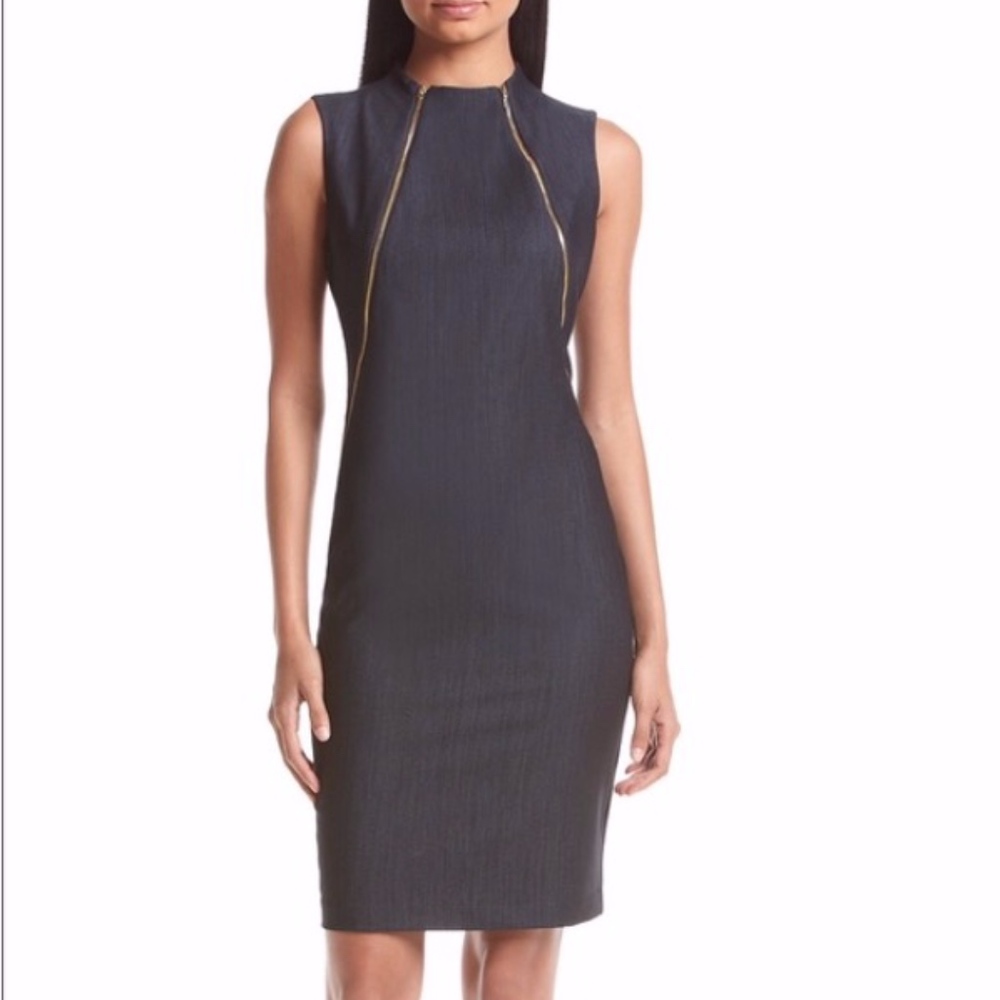 Calvin Klein denim and gold zipper cocktail dress